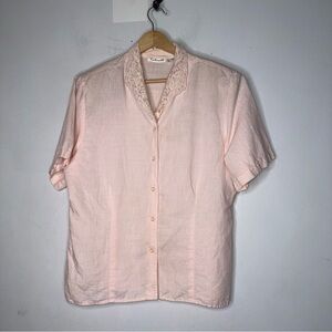Vintage Talbots Light Pink Short Sleeve Button Down Linen Top Lace Collar 14